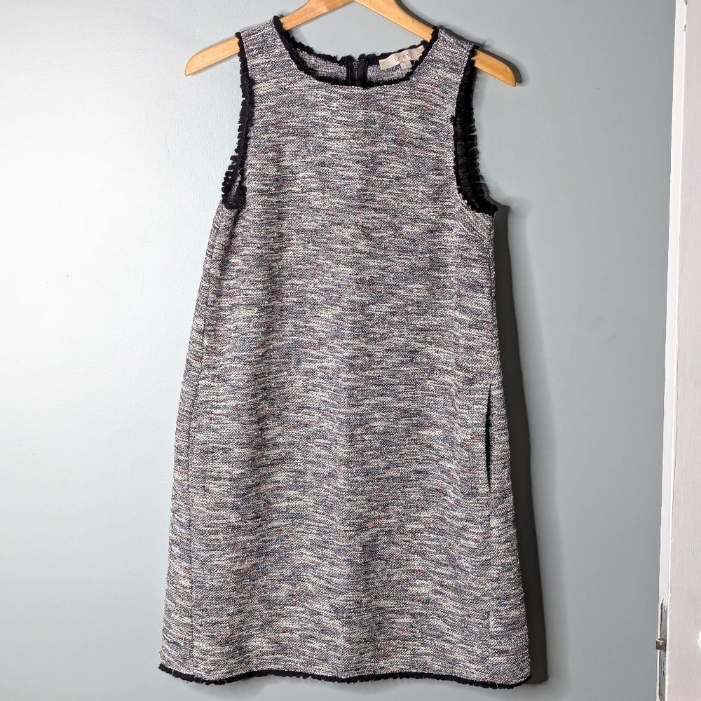 LOFT Multicolor Boucle Black Fringe Trimmed Sleeveless Shift Dress Size L Petite